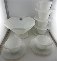 Set of 6 milk glass tea cups and snack bowl