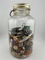 Vintage jar of buttons-belt buckles misc