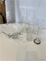 Assorted Small Bud Vases and Crimped Glass Bowl