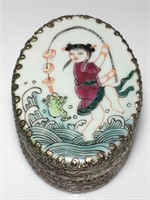 Vintage Chinese Enamel & Silver Plated Oval