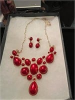 Vintage Red Bib Necklace and Matching Earrings