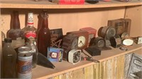 Shelf Of Vintage Clocks, Bottles & Cans
