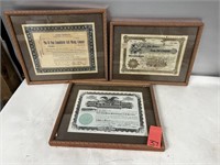 3 Old Framed Stock Certificates
