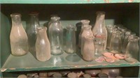 Shelf Of Vintage Glass Milk Bottles & Tops