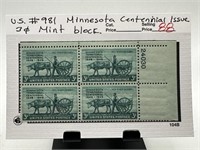 #981 MINNESOTA CENTENNIAL ISS STAMP BLOCK W PL#