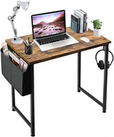 Small Desk 31 Inch with Storage Bag  Hook - Brown