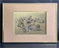 Vintage framed "prairie dogs" engraved art
