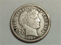 OF) 1907 full Liberty silver Barber dime