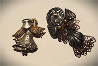 LOT OF 2 VTG SIGNED SILVER & GOLD ANGEL BROOCHES
