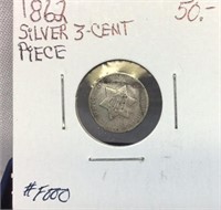 OF) 1862 SILVER 3 CENT PIECE, SMALLEST US COIN,