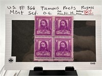 #866 FAMOUS POETS STAMP BLOCK OG NH