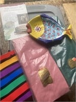 Table Cloths Art And Book Lot- Gift Bag Fish Art