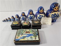 1950s Russian nesting doll & lacquer boxes lot