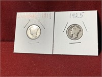 PAIR OF EARLY US SILVER MERCURY DIMES 1925
