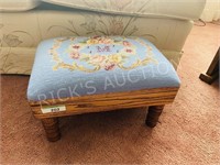 oak footstool with needlepoint upholstry