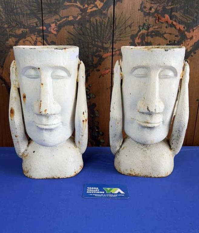 PAIR OF CAST IRON EASTER ISLAND HEAD PLANTERS