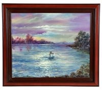 Oksana Grineva- Lake Scene with Boat Oil Painting