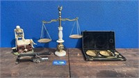CAST IRON MONEY BANK, 2 SETS OF SCALES &
