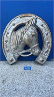 IMPRESSIVE LARGE CAST IRON HORSE AND SHOE PLAQUE