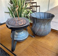 Metal cast iron vase & iro fondue stand w/burner