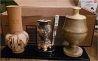 Two unique vases & lidded goblet with black