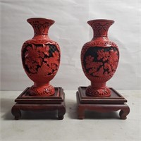 Pair of cinnabar vases with wooden stands