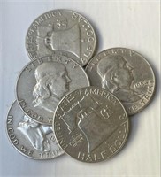 Lot of 5 Franklin Half Dollars 90% Silver