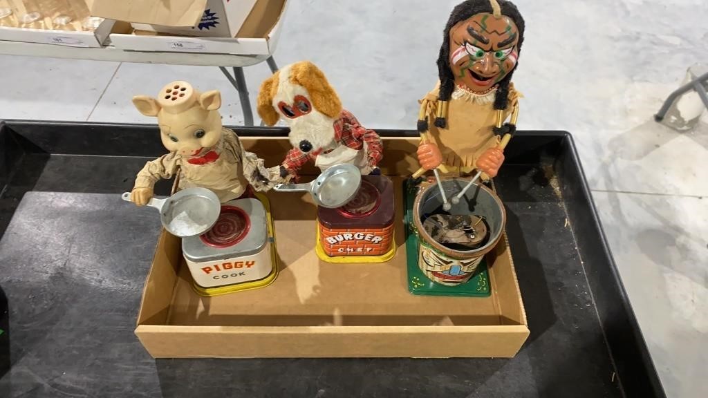 Vintage Tin Piggy Cook, Burger Chef and Indian