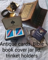 Antique cards, Bible book cover, Jar lid