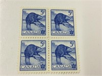 block (4) 5 Cent Stamps beaver