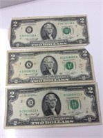 3x U S A  2 Dollar Bills
