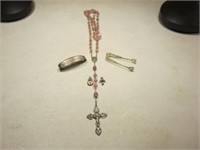 Rosary, (2) Pendants, Tongs, & A Napkin Ring All