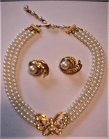 Faux Pearl Rhinestone Necklace & Clip Earrings