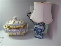 JAY WILFRED HAND PAINTED COVERED DISH/ SMALL LAMP