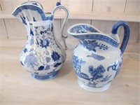 LOT OF 2 BLUE & WHITE PITCHERS