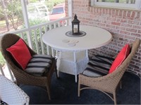 EARLY WICKER TABLE AND 2 WICKER CHAIRS