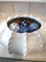 TERRACOTA POTTERY BOWL WITH BLUE/WHITE BOWLS