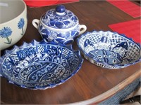 4 PIECE BLUE & WHITE BOWLS, LARGEST IS 14" WIDE