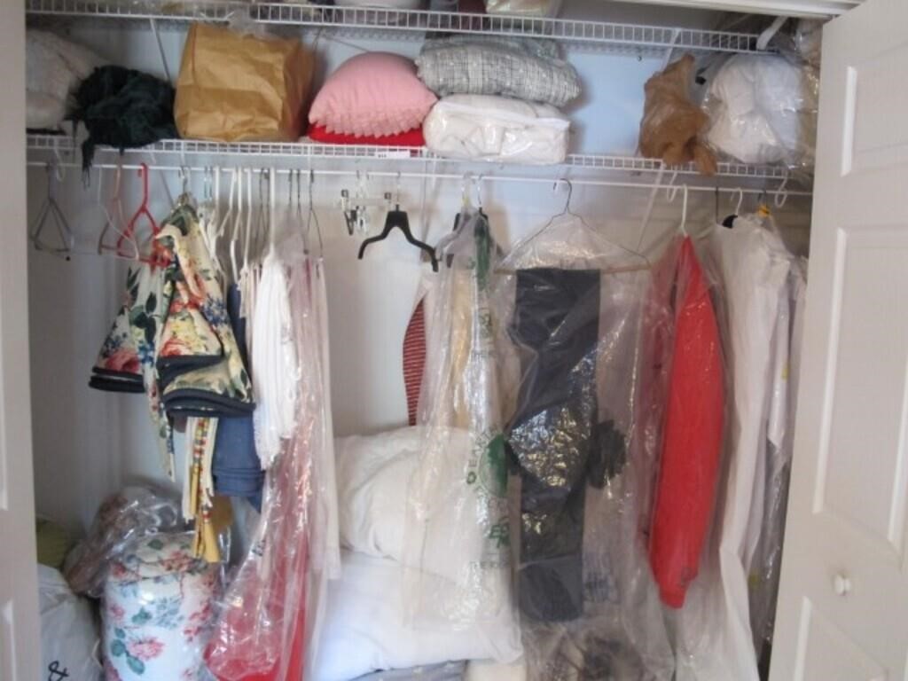 CLOSET LOT FULL OF TABLE CLOTHS, COMFORTERS