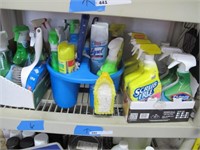 SHELF LOT FULL OF CLEANING SUPPLIES, MANY UNUSED