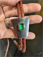 Braided Leather With Silver Metal Green Stone Bolo