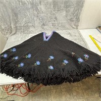 Vtg Black Crocheted Shawl w/ Embroidery & Fringe