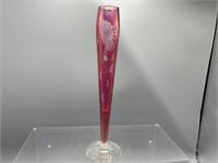 Vintage cranberry etched bud vase