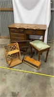 Vintage Woods Desk, Footstool, Coat Rack and