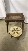 Vintage Side Table with Wicker Center, Footstool