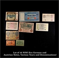 Lot of 10 WWI Era German and Austrian Notes, Vario