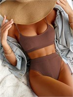 R9312  Small Ribbed Cami Bikini Set, Coffee Brown