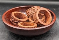 (5) Carved Wood Napkin Rings & (1) Wooden Bowl