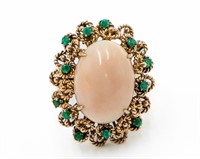 Vintage Coral Emerald 14k Gold Raised Ring Sz. 7.5