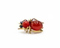 Coral Sapphire Carnelian 14k Gold Spider Brooch